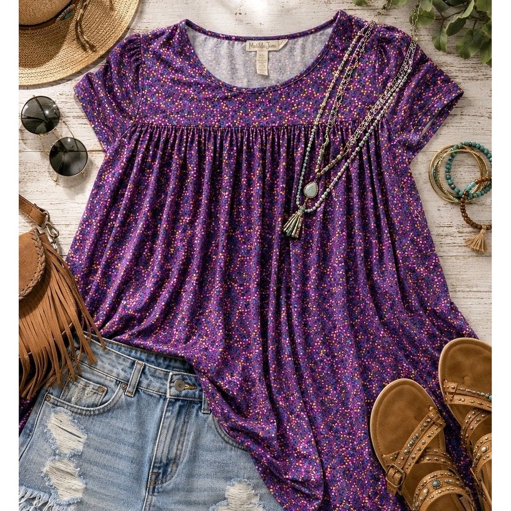 Matilda Jane Tunic Top Womens Medium Purple Floral Boho Babydoll Festival Mesh